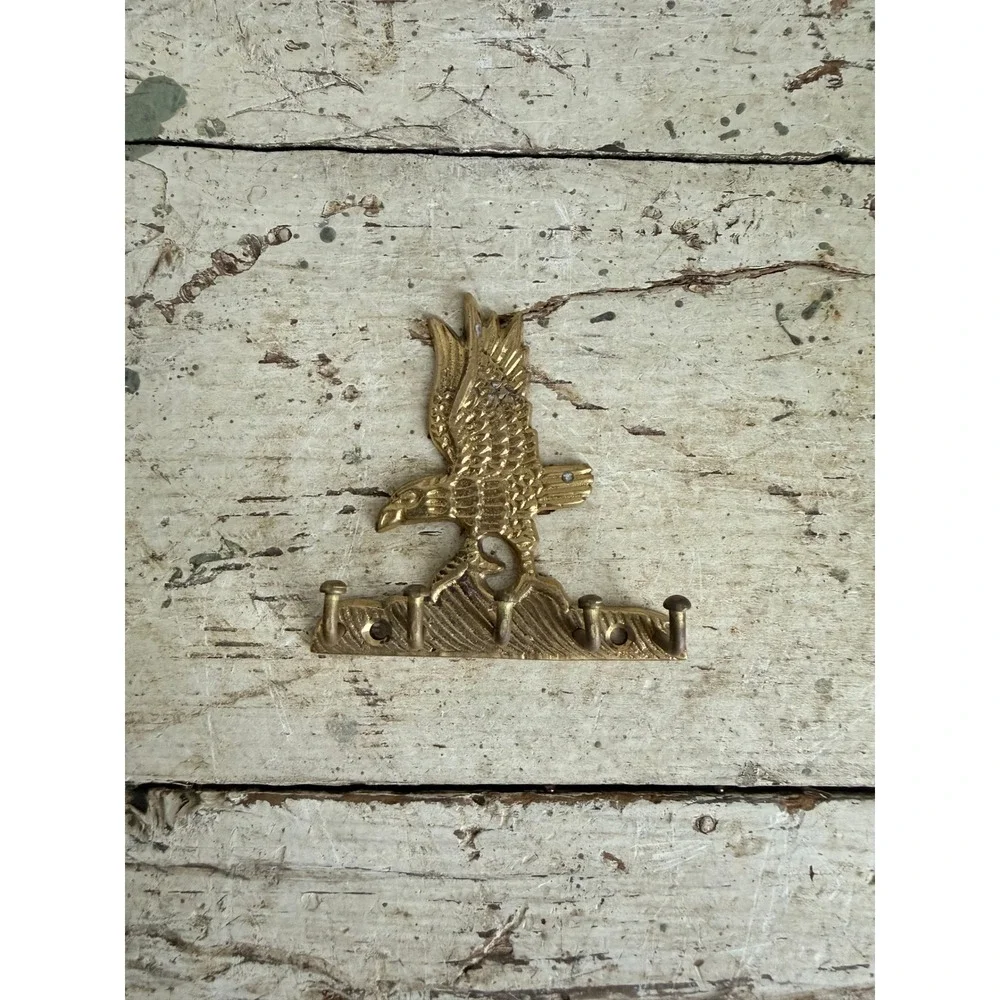 Vintage Solid Brass Eagle Key Rack Wall Mount 5 Hook Holder Made in India Gold